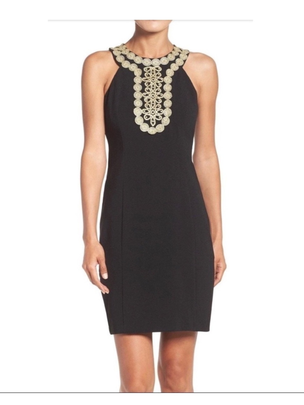 Just Taylor Black Crepe Shift Dress Gold Metallic Trim Size 10